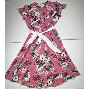 Unique Vintage Floral Print Button Front Dress with Belt Women's Size L